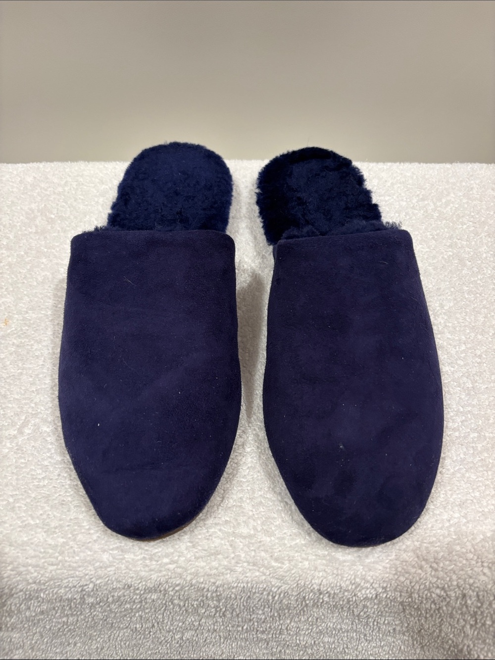 TKEES Navy Suede Shearling-Lined Mules